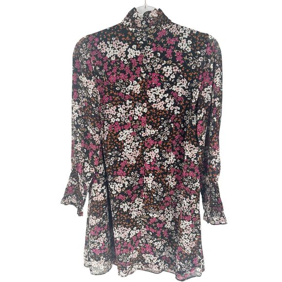 Ann Taylor Dress Womens 2 Black Pink Floral Smocked Neck Shift Chiffon Lined NEW - Picture 2 of 16
